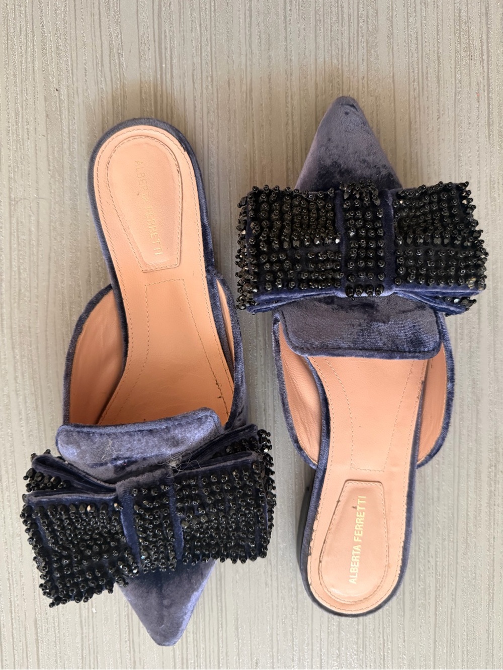 Alberta Ferretti Navy Velvet Pointed-Toe Mules with Studded Bow